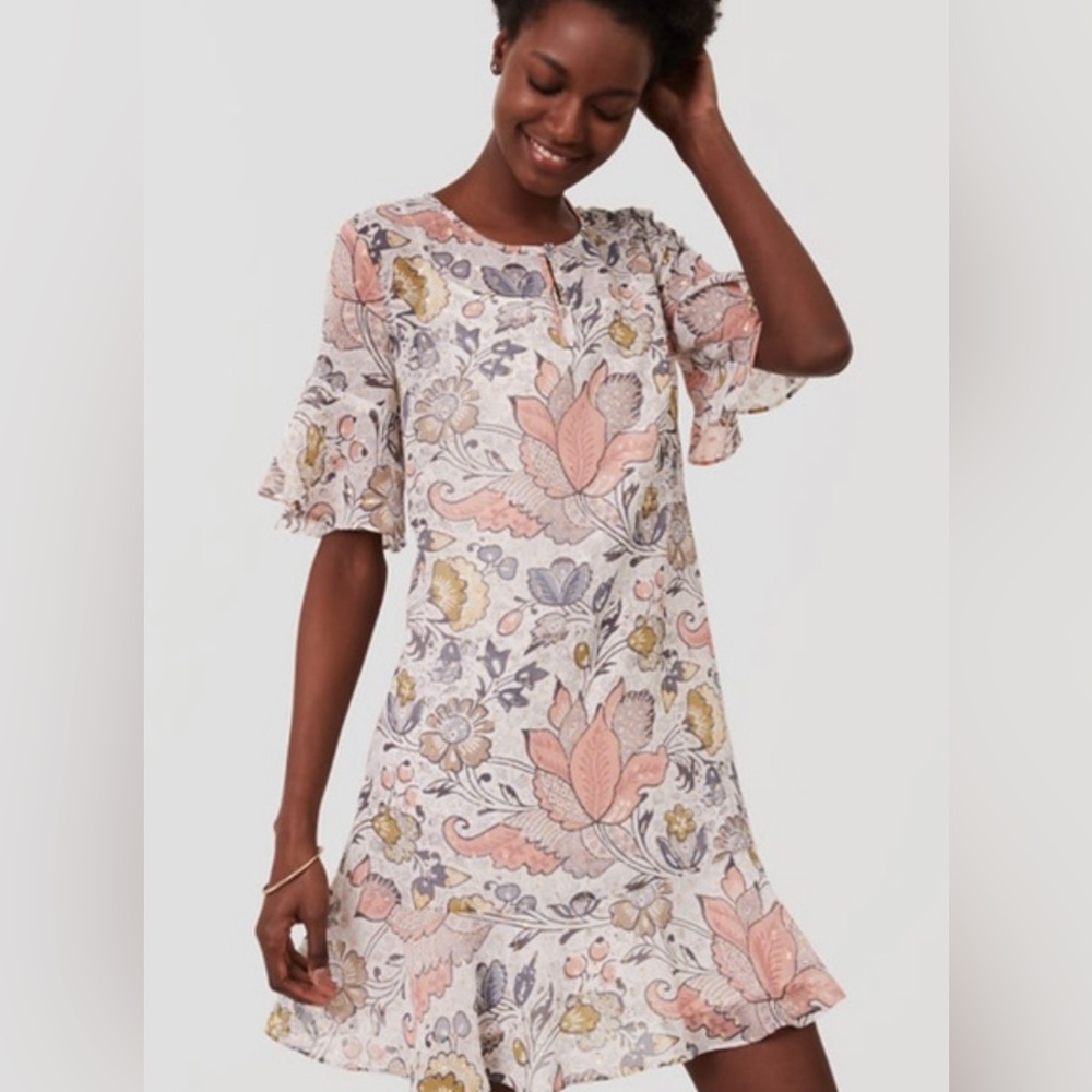 LOFT Flutter Flounce Shimmer Gold Swiss Dot Boho Feminine Floral Dress Pastel L - Picture 1 of 12